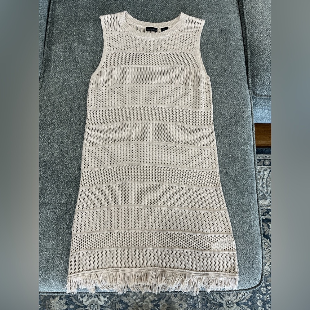 Beige crochet knit dress / coverup with fringe detailing